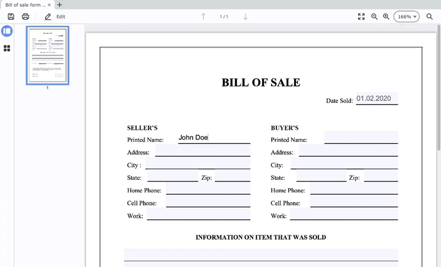 a screenshot of s bill of sale in the software